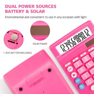 Calculators Desktop, Large Display Big Button, Solar and Battery Dual Power, 12 Digit Small Basic Standard Functional Calculator Cute for Office, Home, School (Pink)