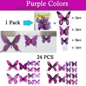 Ewong Butterfly Wall Decals 24PCS Room Decor Wall Art 3D Butterflies Mural Sticker Home Decoration Kid Girl Bedroom Bathroom Nursery Classroom Office Party Removable Decorative (Purple)