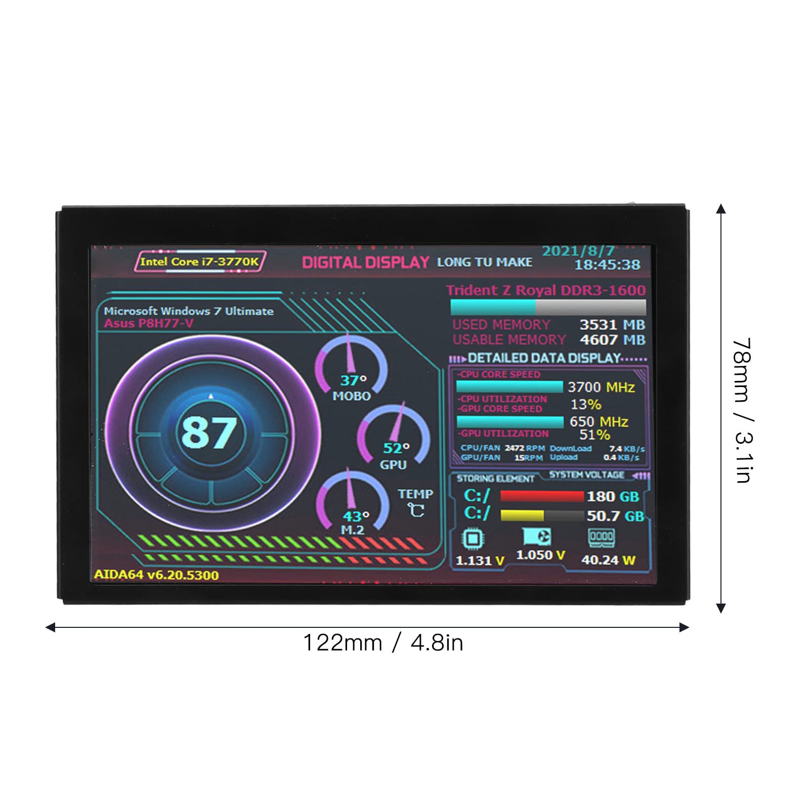 5in Computer Temp Monitor, AIDA64 PC CPU RAM Data Monitor for Raspberry Pi Linux Windows, PC Temperature Display for PC ARGB Computer Case Secondary Screen, IPS USB Mini Screen