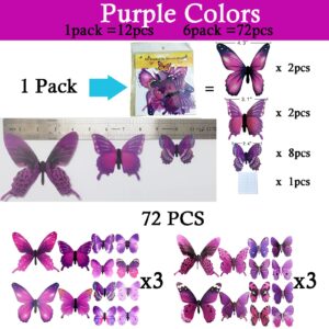 Ewong 72PCS Butterfly Wall Decals 3D Butterflies Wall Art Craft Decor Removable Mural Sticker Home Kid Girl Bedroom Bathroom Baby Room Nursery Classroom Office Party Decoration (Purple)