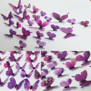 Ewong 72PCS Butterfly Wall Decals 3D Butterflies Wall Art Craft Decor Removable Mural Sticker Home Kid Girl Bedroom Bathroom Baby Room Nursery Classroom Office Party Decoration (Purple)