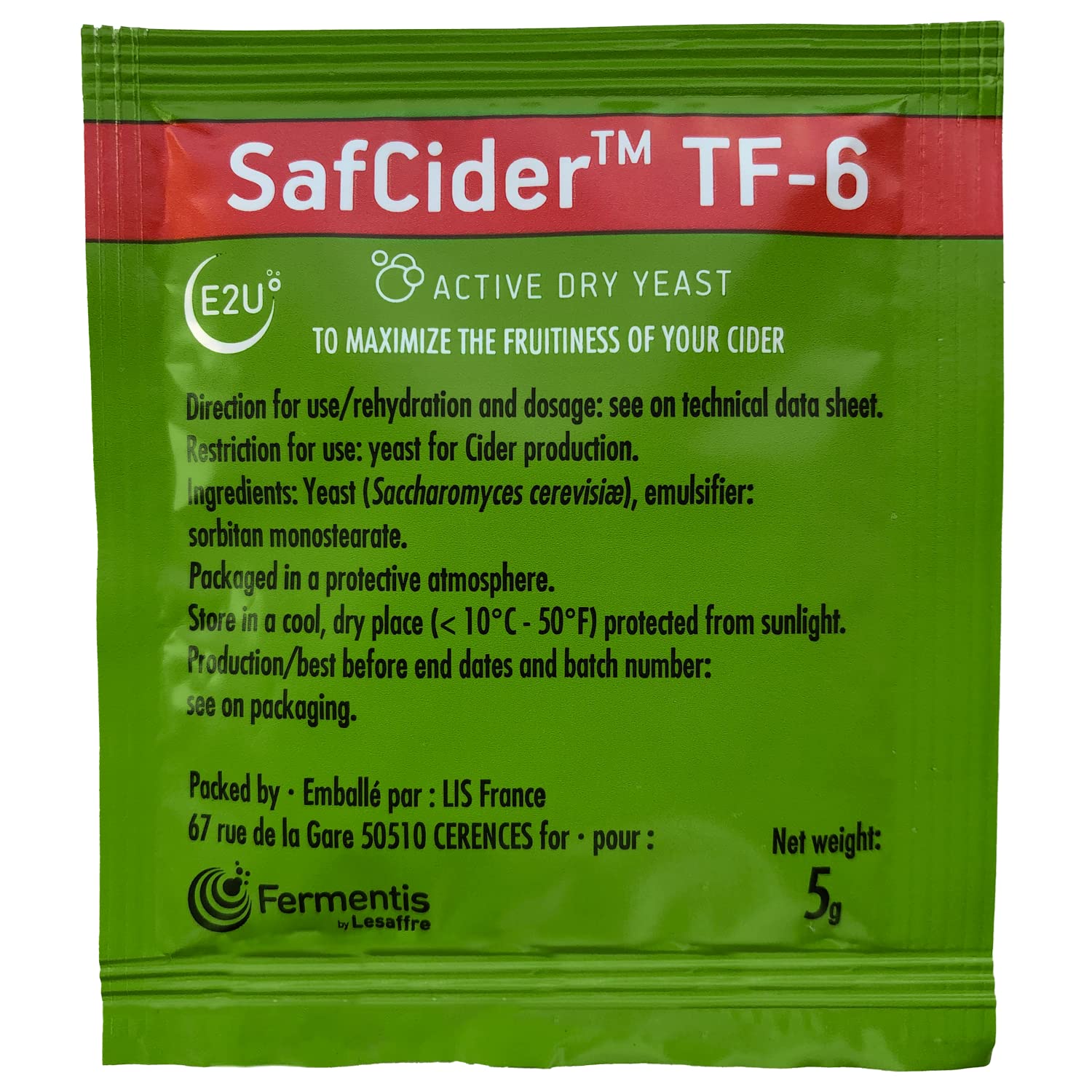 North Mountain Supply Fermentis SafCider Active Dry Cider Yeast TF-6-5 Grams - with Freshness Guarantee