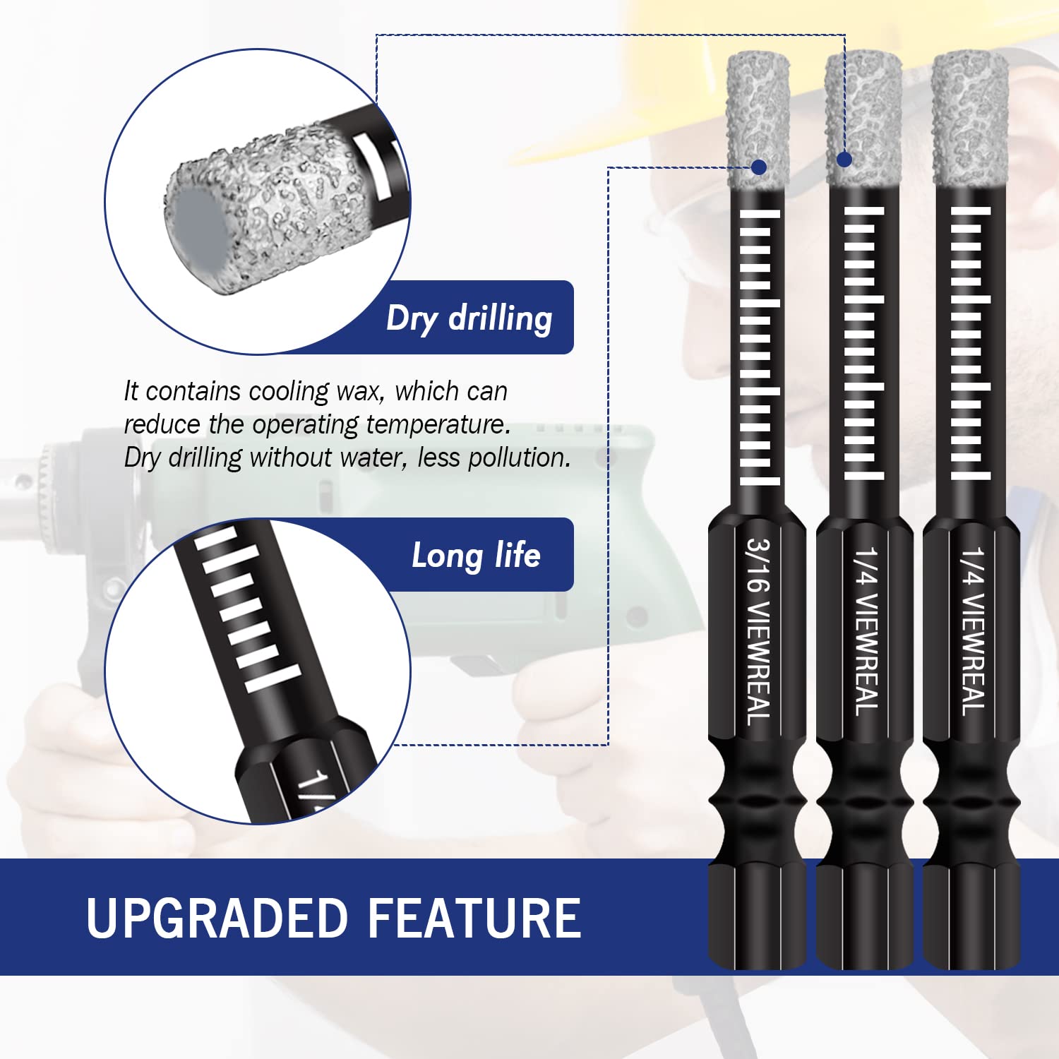 Dry Diamond Drill Bits Set 6PCS, Porcelain Drill Bits with Cooling Wax for Ceramic Granite Marble Tile Stone Glass Hard Materials (not for Wood), 3pcs 1/4''(6mm)+3pcs 3/16'' (5mm) with Storage Case