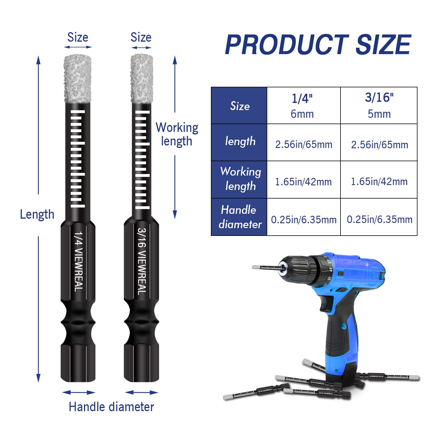 Dry Diamond Drill Bits Set 6PCS, Porcelain Drill Bits with Cooling Wax for Ceramic Granite Marble Tile Stone Glass Hard Materials (not for Wood), 3pcs 1/4''(6mm)+3pcs 3/16'' (5mm) with Storage Case