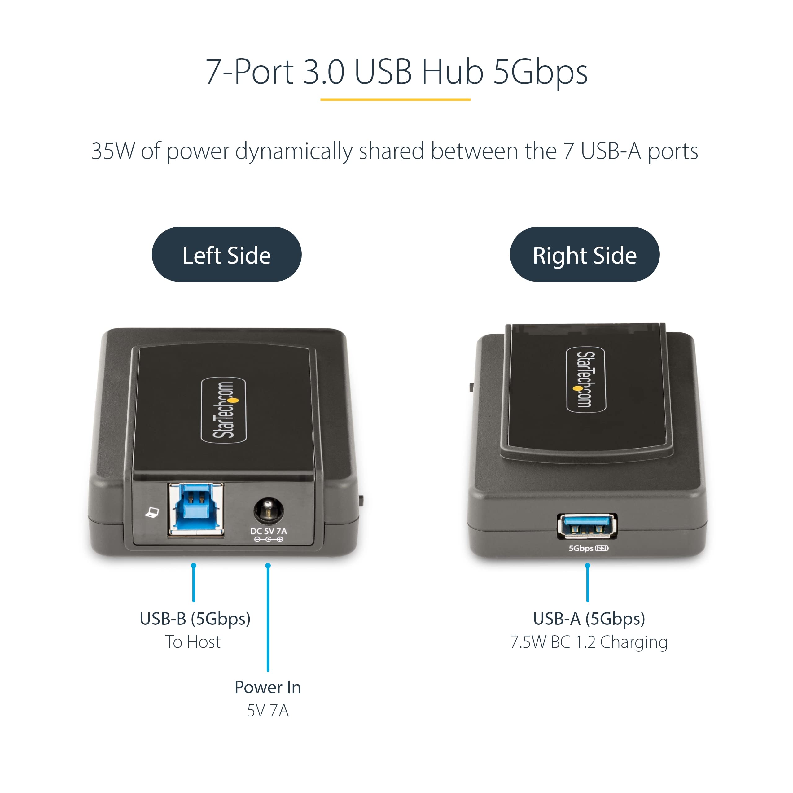 StarTech.com 7-Port USB Hub with On/Off Switch - USB 3.0 5Gbps - USB-A to 7X USB-A - Compact Self Powered USB-A Hub w/ 35W Power Supply - Desktop/Laptop USB Hub - USB Expansion Hub (5G7AS-USB-A-HUB)