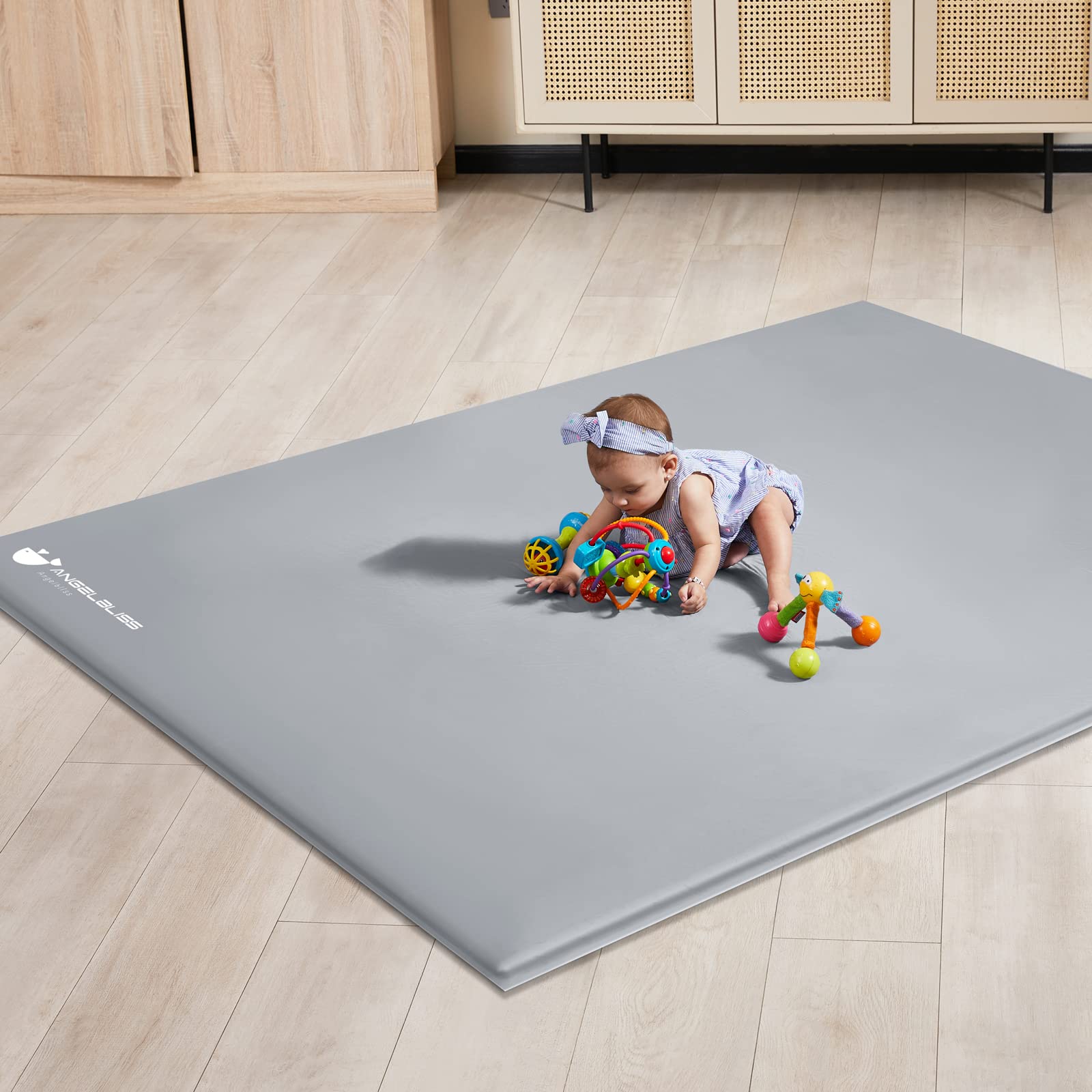 ANGELBLISS Baby Playpen Mat, 71"x 59"x 1.18" Self-Inflating Play Mat for Babies and Toddlers, Roll Up & Waterproof Foam Crawling Mat for Floor, Portable Playmat for Babies with Travel Bag Grey