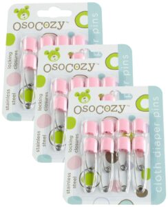 osocozy diaper pins - (pink) - sturdy, stainless steel diaper pins with safe locking closures - use for special events, crafts or colorful laundry pins, 8 count (pack of 3)