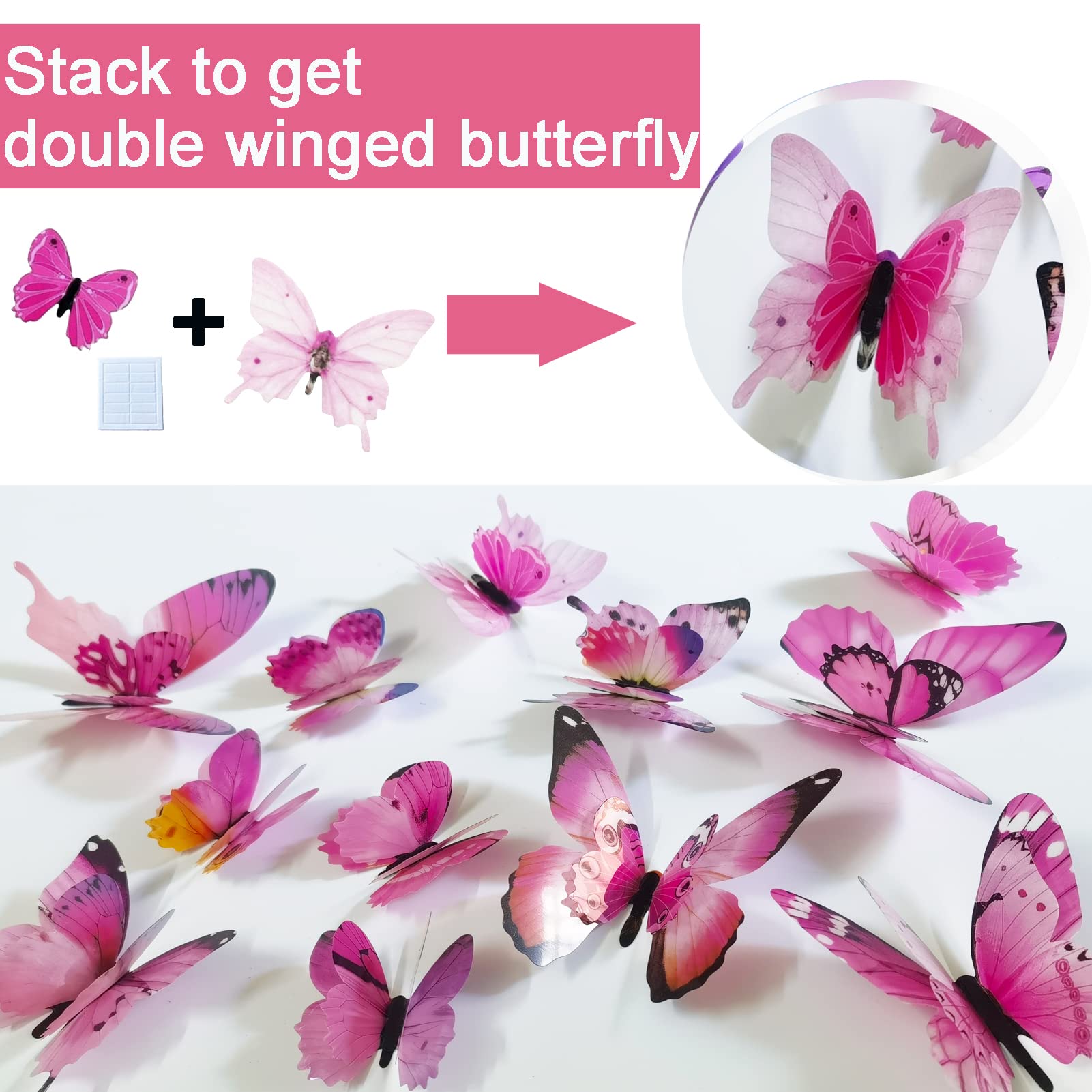 Ewong 72PCS Butterfly Wall Decals 3D Butterflies Wall Art Craft Decor Removable Mural Sticker Home Kid Girl Bedroom Bathroom Baby Room Nursery Classroom Office Party Decoration (Pink)