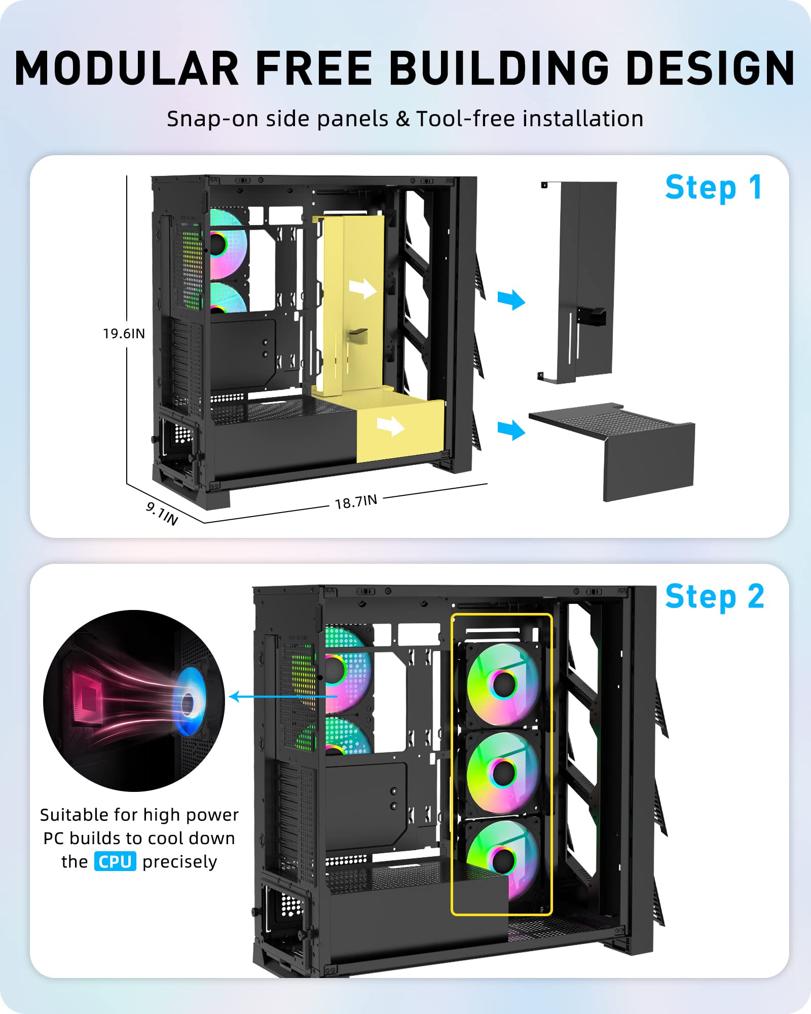 Segotep T3 Black Mid-Tower ATX Gaming PC Case, Support Top & Side 360mm Radiators, GPU Snap-On Opening & Closing Front Panel, Type-C Ready, Tool-Free Disassemble (Pre-Install One ARGB & PWM Fan)