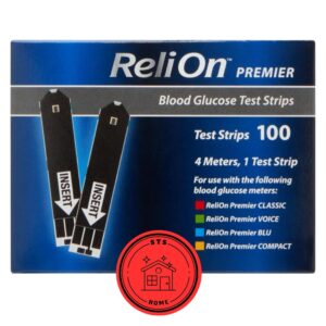 relion premier blood glucose test strips | blood glucose test strips | test strips for diabetes | blood sugar test strips | diabetic test strips | reli on premier test strips 100 count + sts sticker.