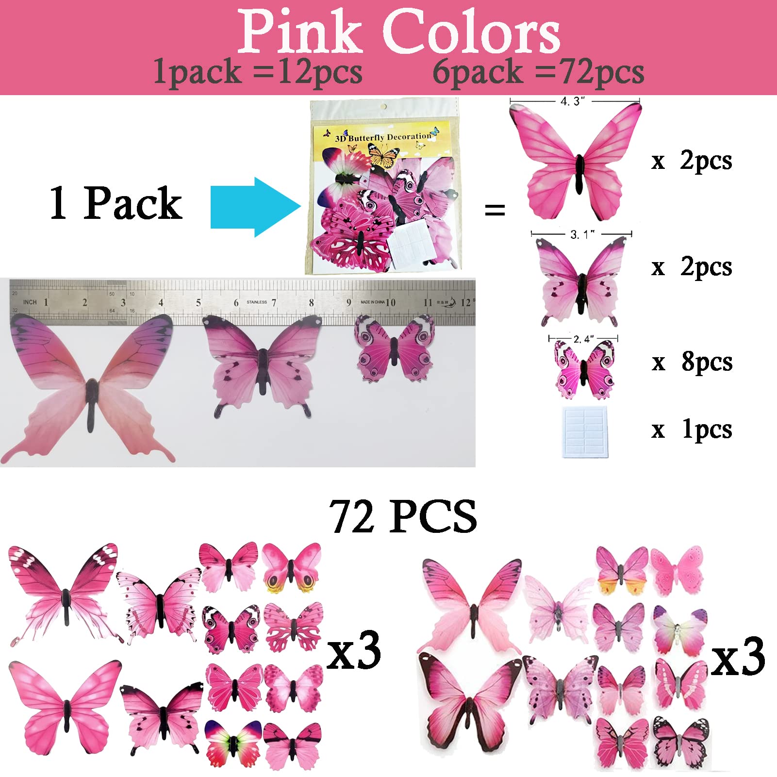 Ewong 72PCS Butterfly Wall Decals 3D Butterflies Wall Art Craft Decor Removable Mural Sticker Home Kid Girl Bedroom Bathroom Baby Room Nursery Classroom Office Party Decoration (Pink)