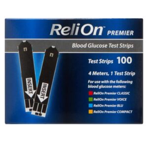 ReliOn Premier Blood Glucose Test Strips | Blood Glucose Test Strips | Test Strips for Diabetes | Blood Sugar Test Strips | Diabetic Test Strips | Reli On Premier Test Strips 100 Count + STS Sticker.