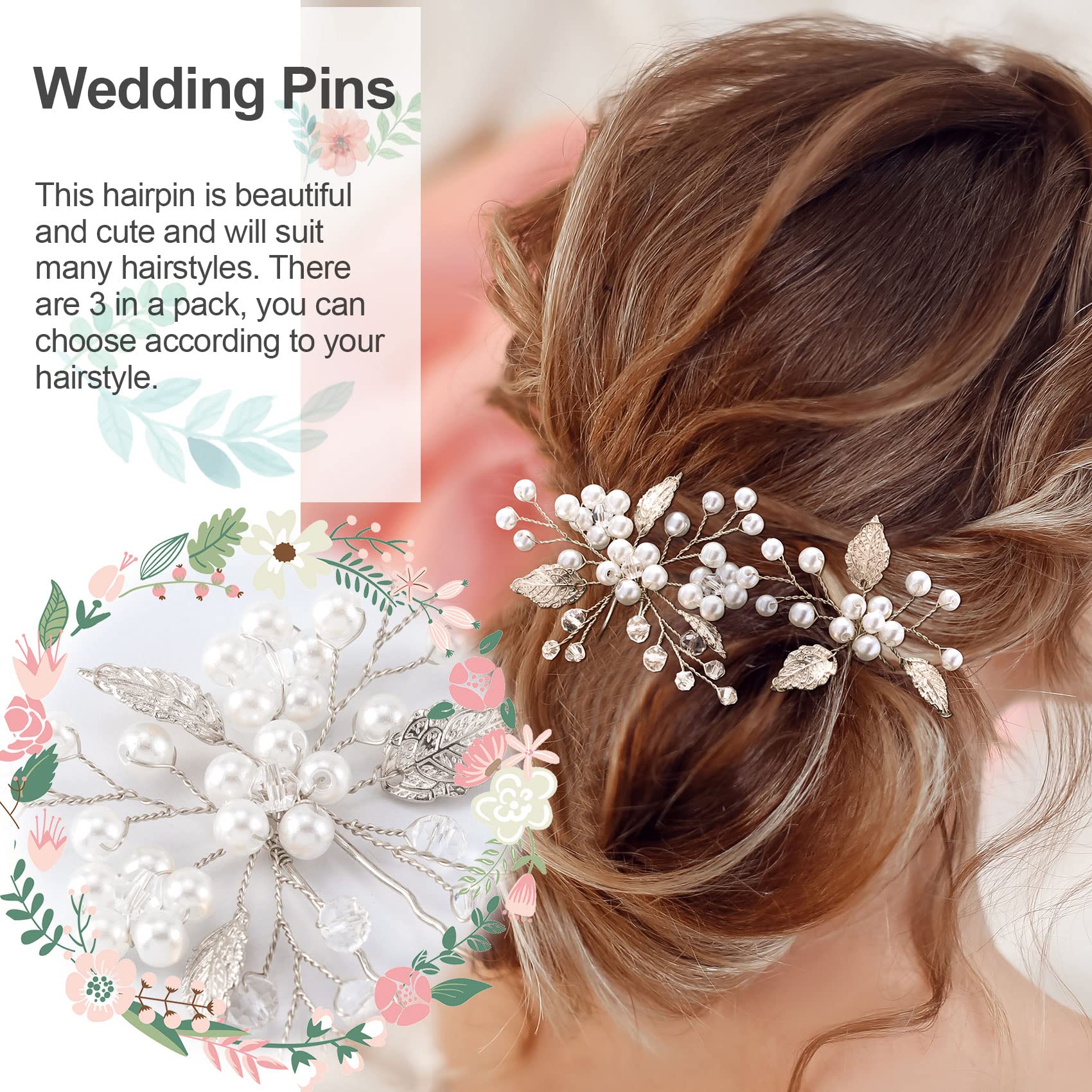 ANCIRS 3 Pack Pearl Bridal Wedding Hair Styling Pins, Vintage Leaves Style Bride Head Piece, U Shape Rhinestone Flower Hair Accessories for Women & Girls Bridesmaids Wedding Hairstyles- Silver