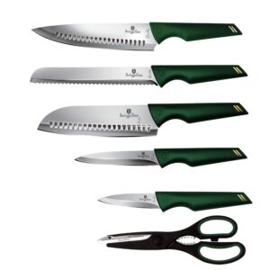 Berlinger Haus Kitchen Knife Set with Block, 7 Piece Knives Set for Kitchen, Modern Cooking Knives with Kitchen Shears, Sharp Cutting Stainless Steel Chef Knife Set with Mobile Stand, Green