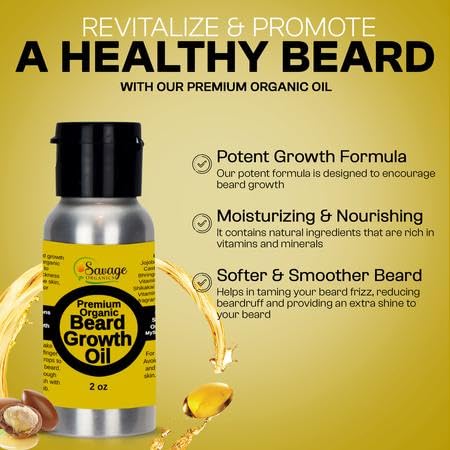 Savage Organics - Premium Organic Beard Growth Oil: Nourishing Beard Growth Serum, Infused with All-Natural Organic Ingredients to Boost Beard Growth - 2 oz Bottle