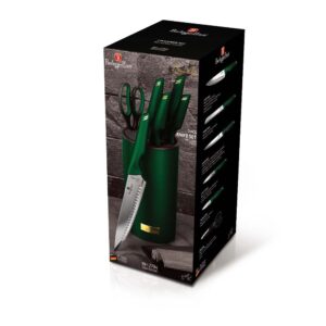 Berlinger Haus Kitchen Knife Set with Block, 7 Piece Knives Set for Kitchen, Modern Cooking Knives with Kitchen Shears, Sharp Cutting Stainless Steel Chef Knife Set with Mobile Stand, Green