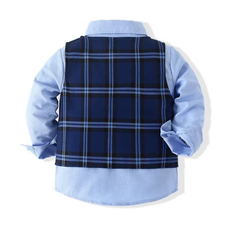 PureMilk Infant Tuxedo Long Sleeve Dress Suit Shirt + Blue Plaid Vest + Plaid Pants 3PCS Clothes Sets for Baby Boy Blue 12-18M