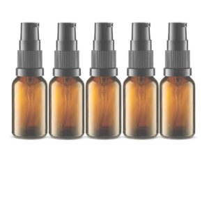 5 pack empty refillable glass amber pump bottle ideal for lotion cream essential oil travel small container,15ml