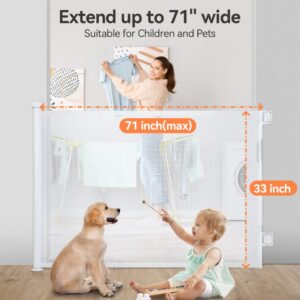 COMOMY Retractable Baby Gate for Stairs, 0-71" Mesh Dog Gate for House Doorways Hallways, 33" Tall Extra Wide Child Safety Gate for Kids Pets, Indoor and Outdoor (White)