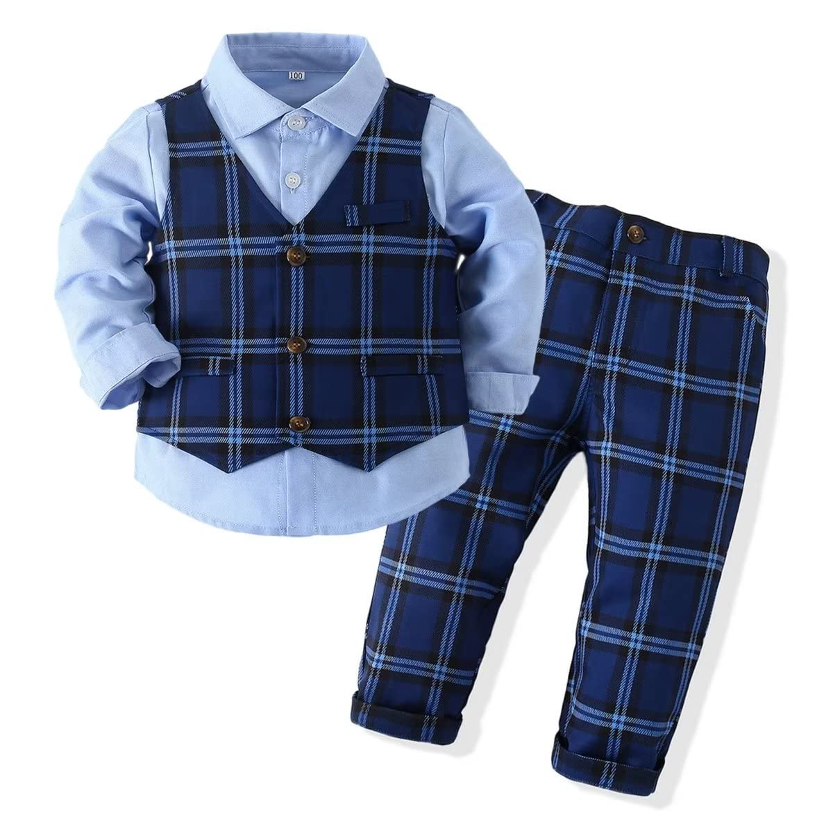 PureMilk Infant Tuxedo Long Sleeve Dress Suit Shirt + Blue Plaid Vest + Plaid Pants 3PCS Clothes Sets for Baby Boy Blue 12-18M