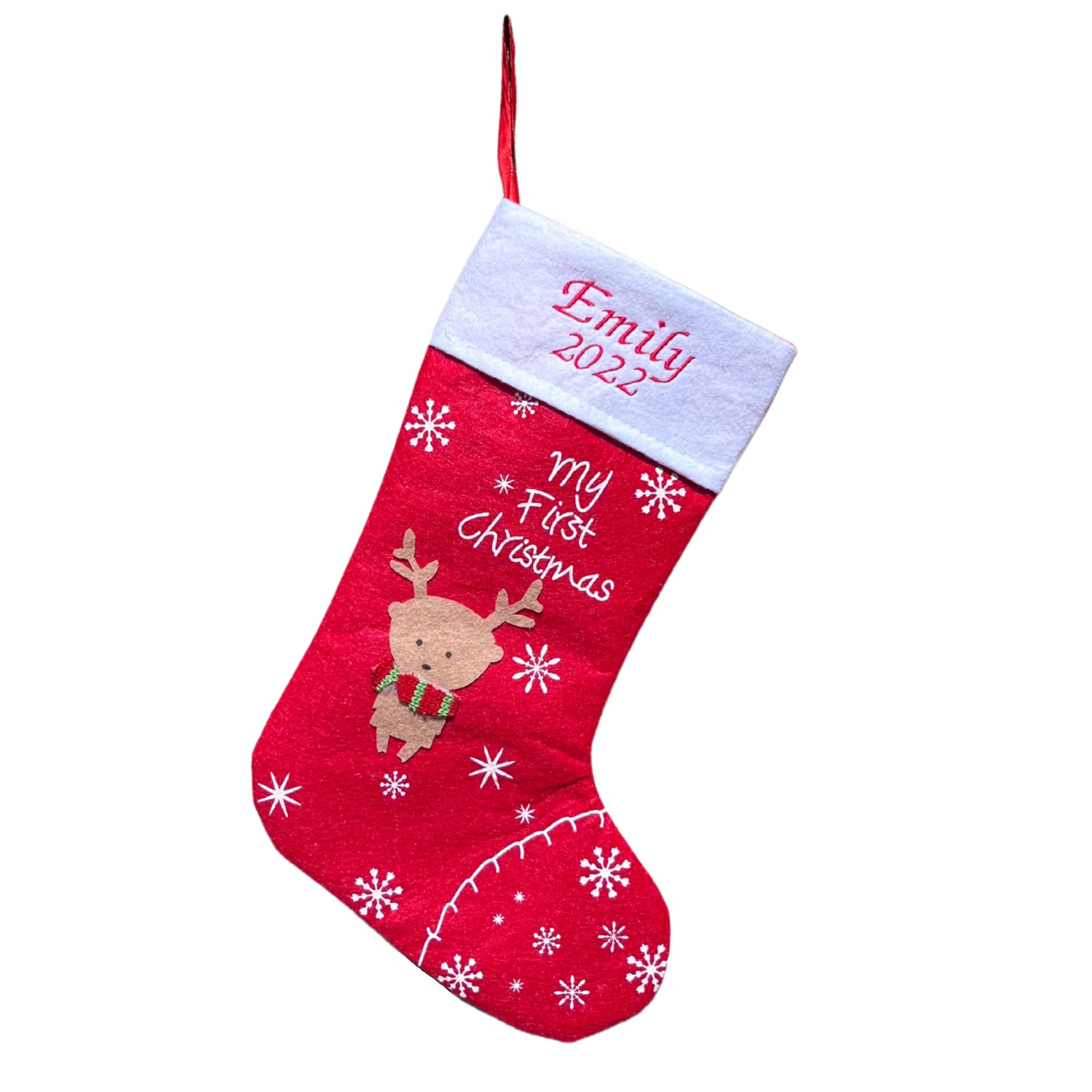 NC Embroideries Babys First Christmas stocking – Reindeer Personalized Baby Gift 2022, Customized Baby’s 1st Name or Initial Embroidered For Boy or Girl, Custom Gifts for Babies or Grandbaby