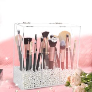 Vevitts Acrylic Makeup Brush Holder, Clear Cosmetic Brush Storage Box 3 Brush Holders, Makeup Brush Case with Dust Cover, Large-Capacity Split Design for Organize the Vanity Desk (No pearl and brush)