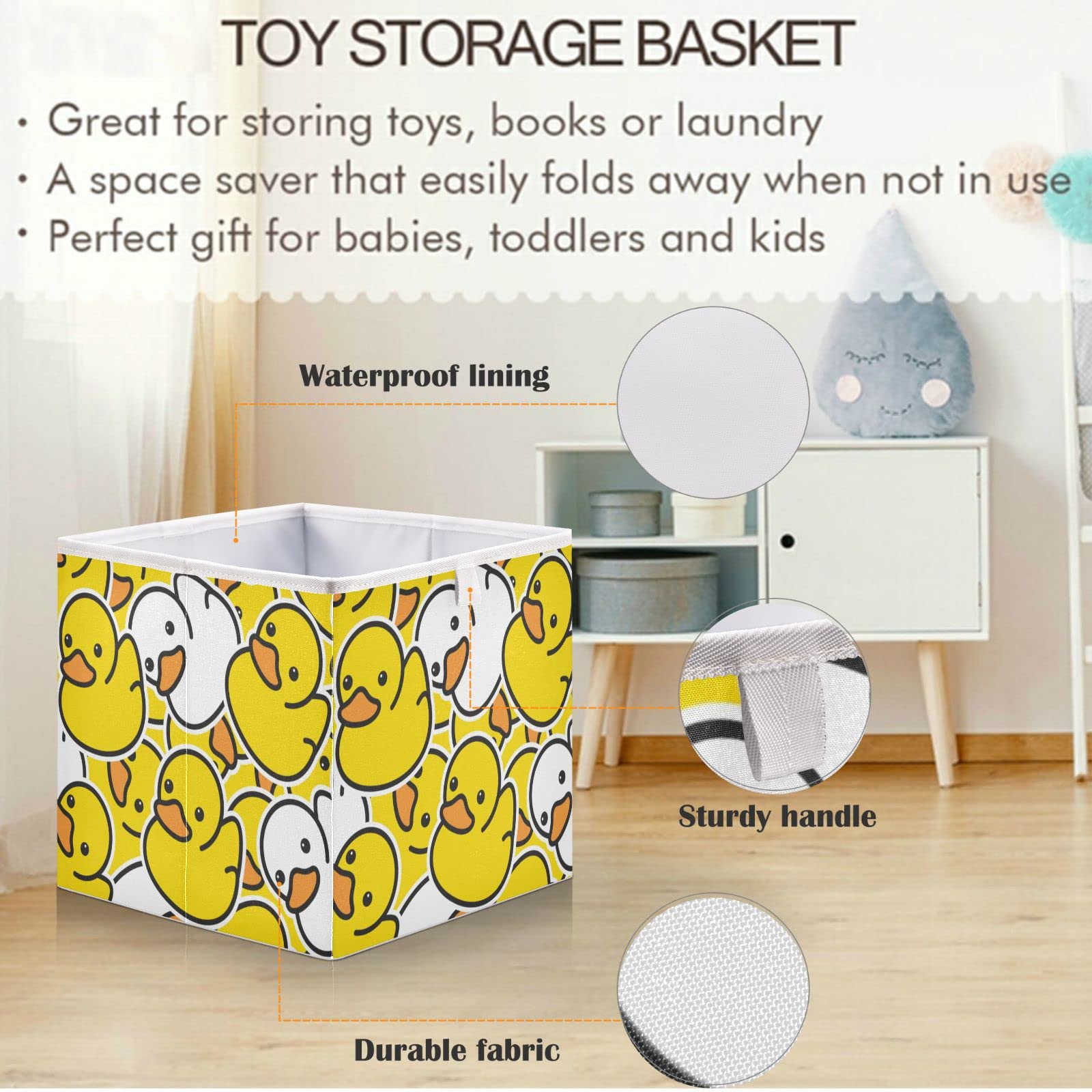 visesunny Square Storage Bins Duck Rubber Ducky Cartoon Storage Baskets Canvas Fabric Storage Boxes Foldable Nursery Basket for Clothes,Books,Toys,Shelves,Gifts