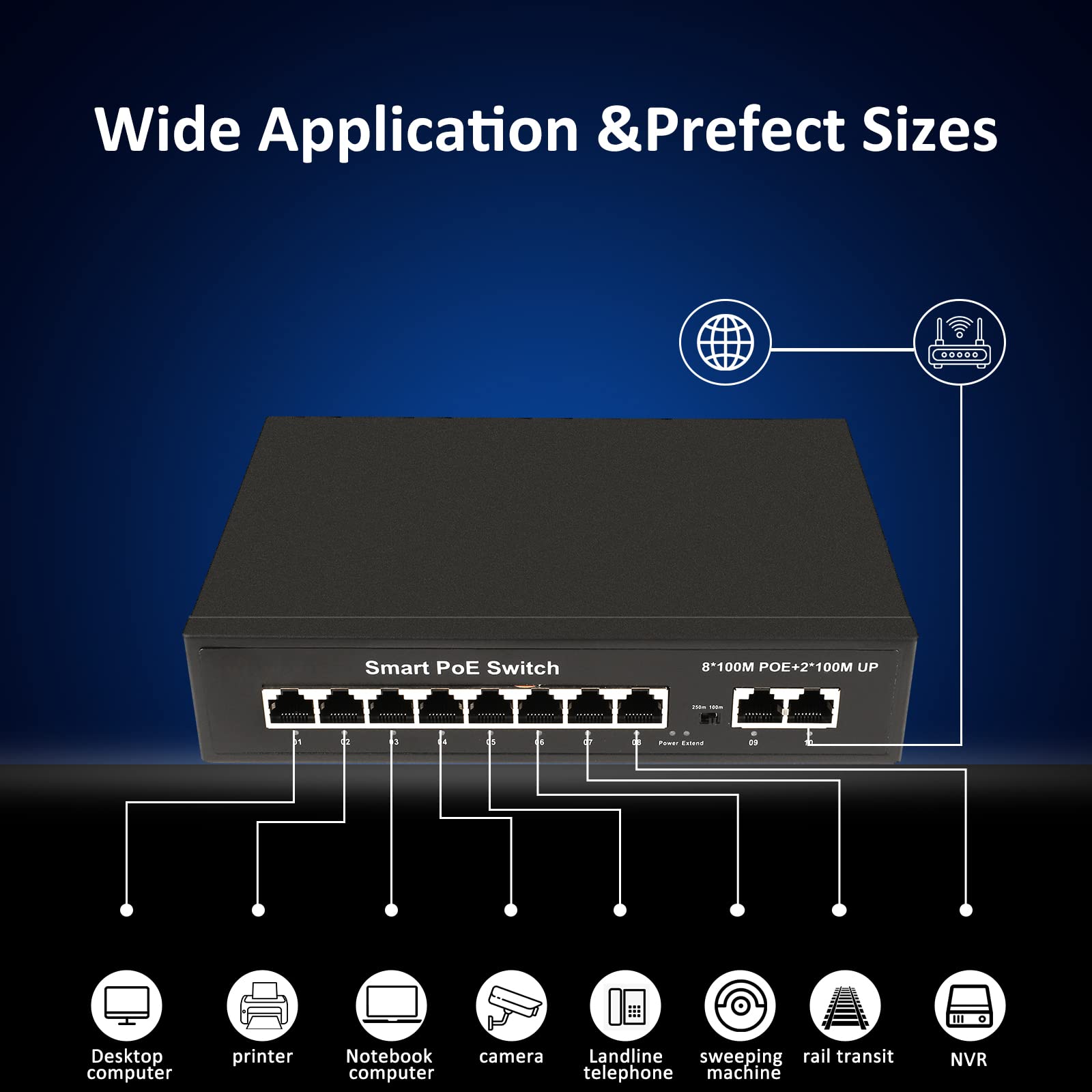 PoE Switch - Cimodun 8 Port PoE Switch with 2 Gigabit Uplink, 802.3af/at PoE+ Port 8 Ethernet Switch, 120W Built-in Power, Unmanaged Metal Plug and Play