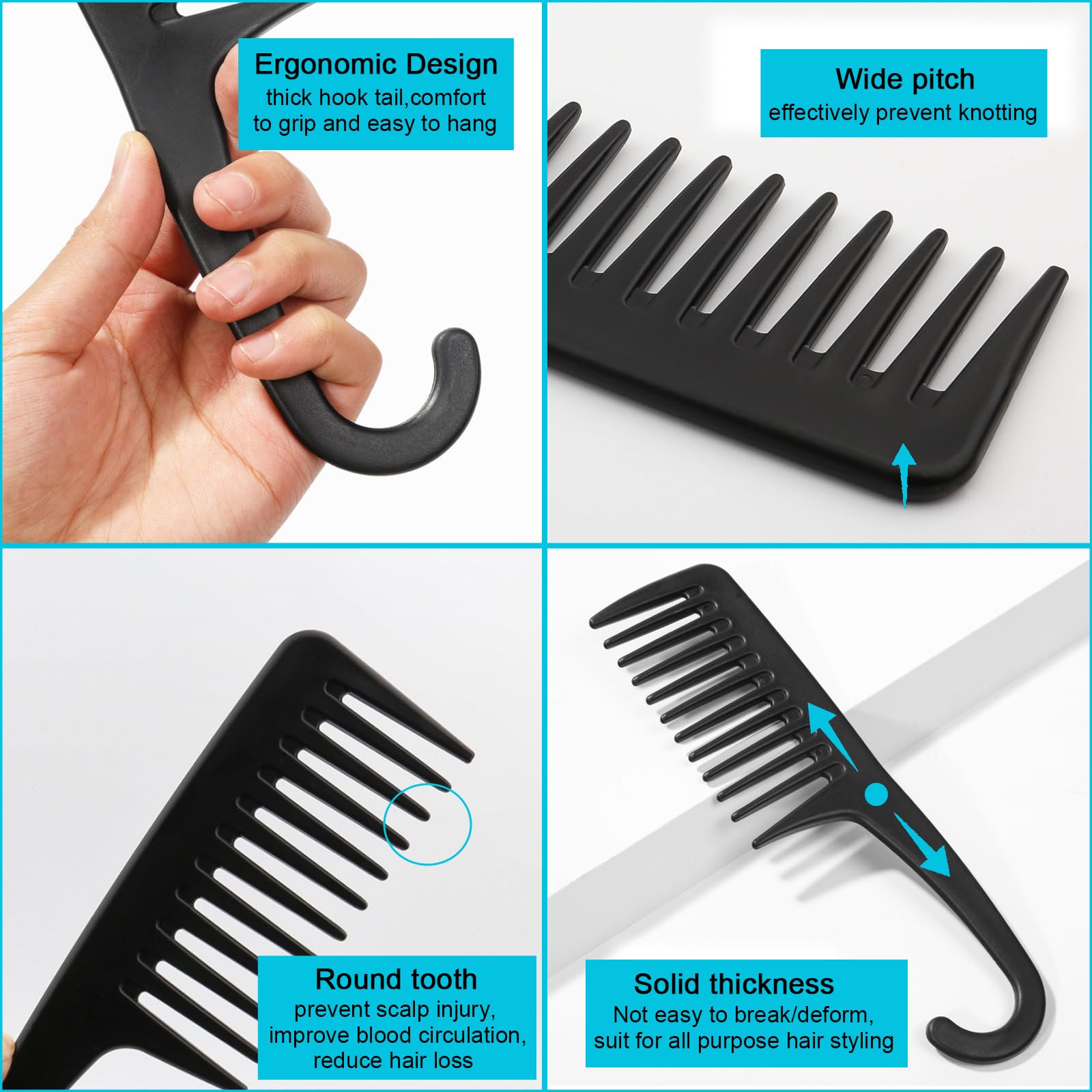 2PCS Premium Wide Tooth Comb, Shower Combs for Wet Curly Hair, Large Detangling Comb with Hook for Curls, Wigs, Detangler Hair Brush with Handgrip for Knotting Wavy, Thick, Dry Hair Stylist