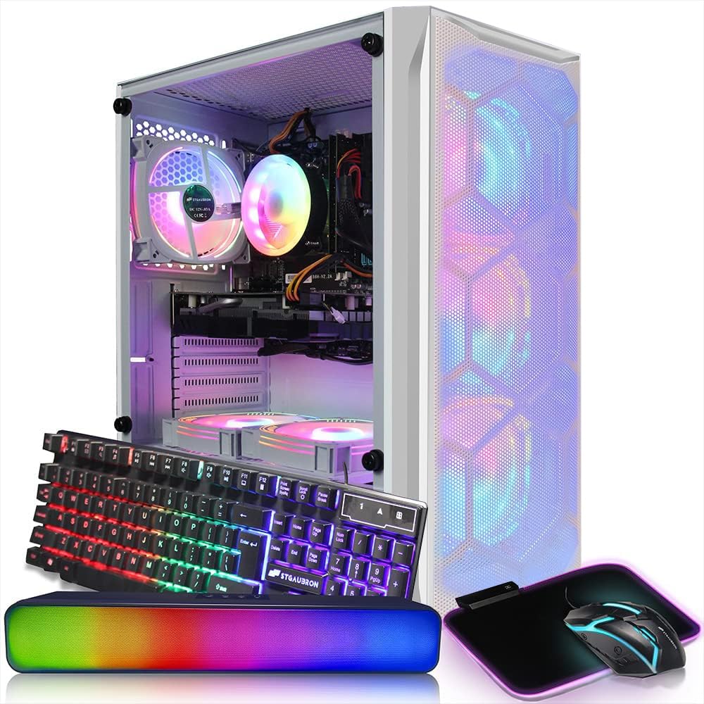 STGAubron Gaming PC Computer Desktop, GTX 1660 Ti 6G GDDR6, Intel Core I7 up to 3.9 GHz, 16G RAM, 512G SSD, WiFi, BT 5.0, RGB Fan x 6, RGB Mouse Pad, RGB BT Sound Bar,Windows 10 Home,White