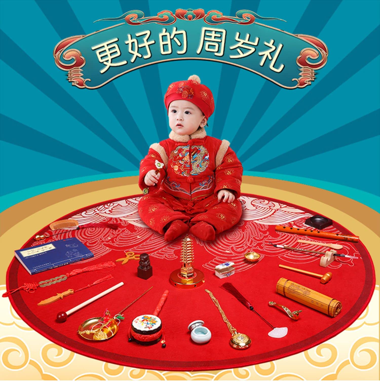 16-Piece Zhuazhou Set 抓周 100cm * 100cm Background Sheet Unique Gifts for Baby's First Birthday Party