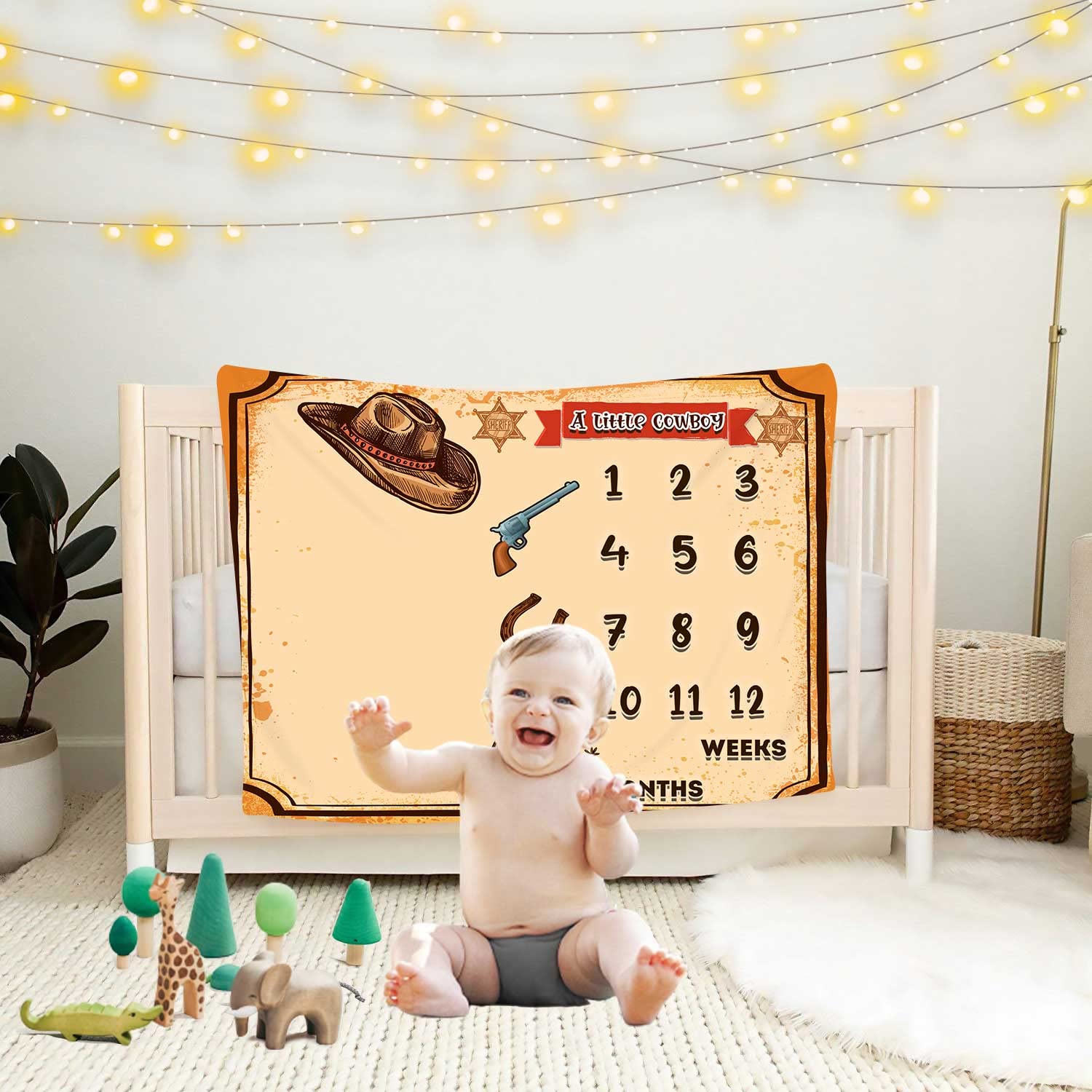 KIKIDOR Western Cowboy Baby Monthly Milestone Blanket Country Leather Boots Cowboy Hat Newborn Photo Props Baby Shower Party Decor New Baby to 12 Months Growth Calendar Blanket 48x40 inch BTZYKI82