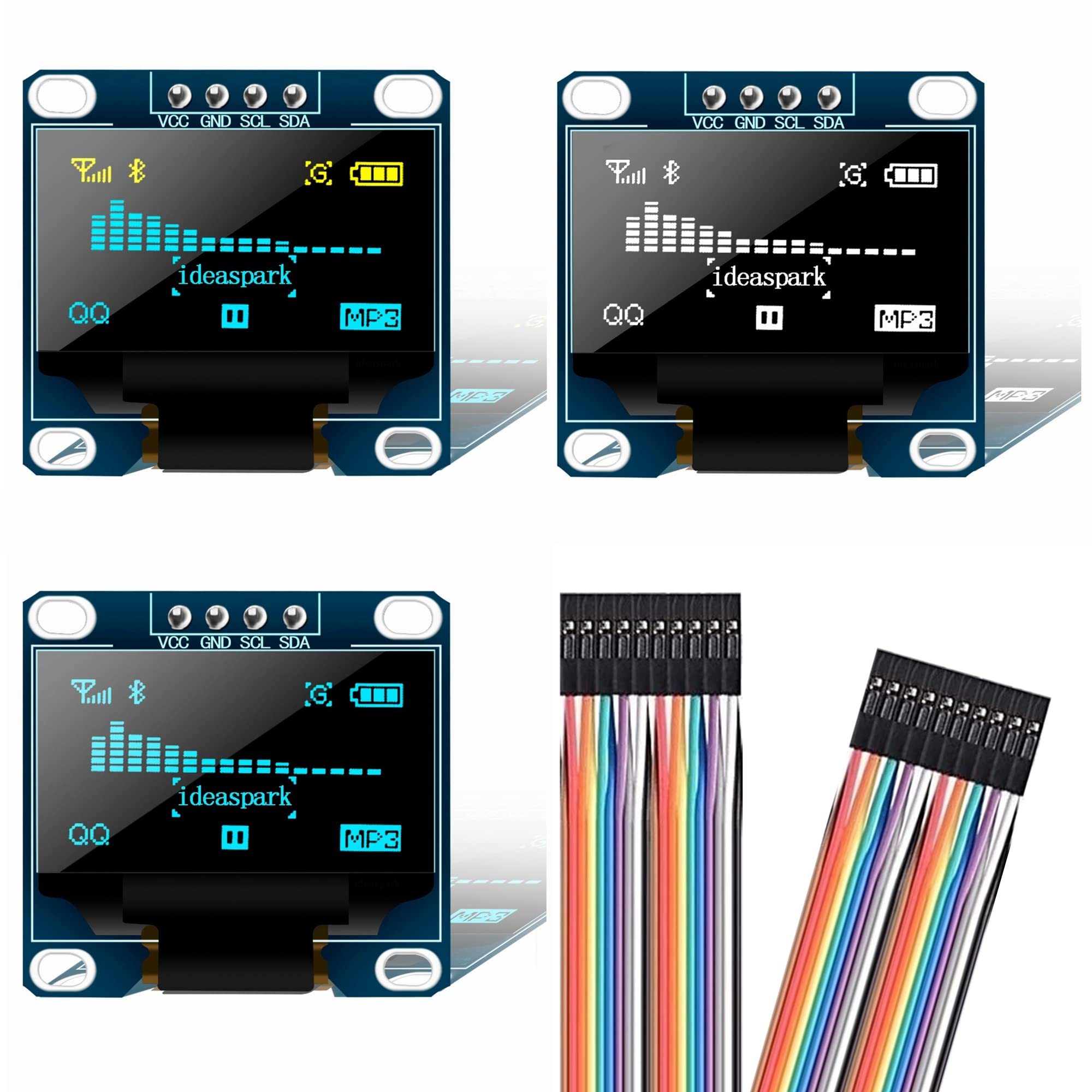 ideaspark 3Pcs 0.96 Inch OLED Display 3-Colors 128x64 SSD1306 SPI I2C IIC Serial LCD Screen Module Board with 4 Pins Soldered and 10 Dupont Cable Work Great with Arduino for Raspberry Pi