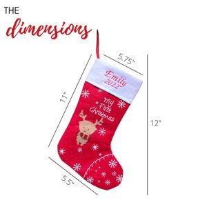 NC Embroideries Babys First Christmas stocking – Reindeer Personalized Baby Gift 2022, Customized Baby’s 1st Name or Initial Embroidered For Boy or Girl, Custom Gifts for Babies or Grandbaby