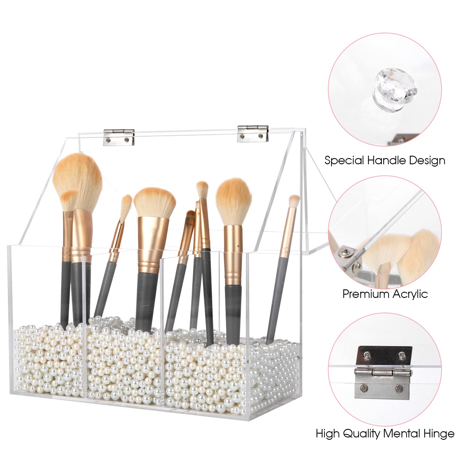 Vevitts Acrylic Makeup Brush Holder, Clear Cosmetic Brush Storage Box 3 Brush Holders, Makeup Brush Case with Dust Cover, Large-Capacity Split Design for Organize the Vanity Desk (No pearl and brush)