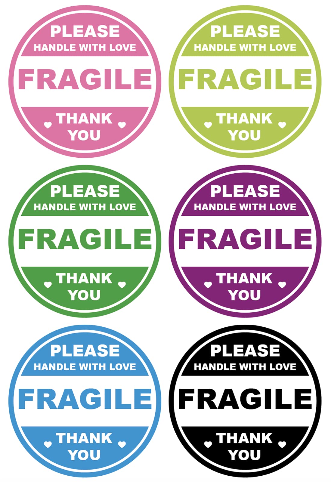 2 inch 300 PCS 6 Color Fragile Stickers for Shipping Please Handle with Love and Thank You Waterproof Stickers