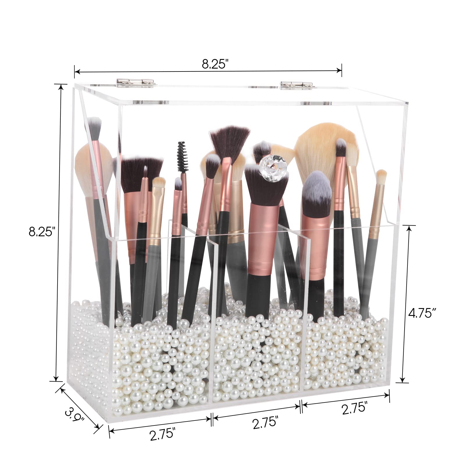 Vevitts Acrylic Makeup Brush Holder, Clear Cosmetic Brush Storage Box 3 Brush Holders, Makeup Brush Case with Dust Cover, Large-Capacity Split Design for Organize the Vanity Desk (No pearl and brush)