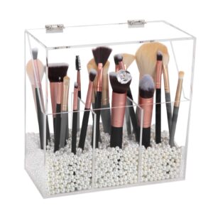 vevitts acrylic makeup brush holder, clear cosmetic brush storage box 3 brush holders, makeup brush case with dust cover, large-capacity split design for organize the vanity desk (no pearl and brush)