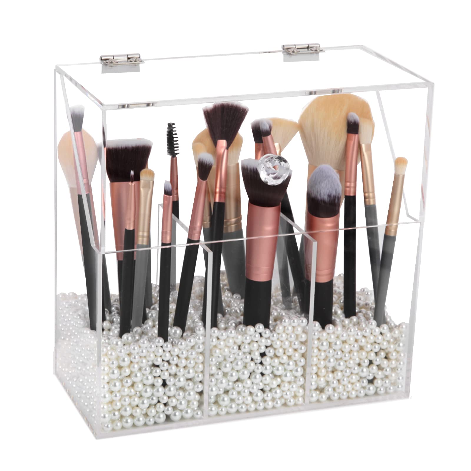 Vevitts Acrylic Makeup Brush Holder, Clear Cosmetic Brush Storage Box 3 Brush Holders, Makeup Brush Case with Dust Cover, Large-Capacity Split Design for Organize the Vanity Desk (No pearl and brush)