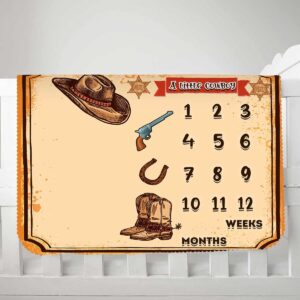 KIKIDOR Western Cowboy Baby Monthly Milestone Blanket Country Leather Boots Cowboy Hat Newborn Photo Props Baby Shower Party Decor New Baby to 12 Months Growth Calendar Blanket 48x40 inch BTZYKI82