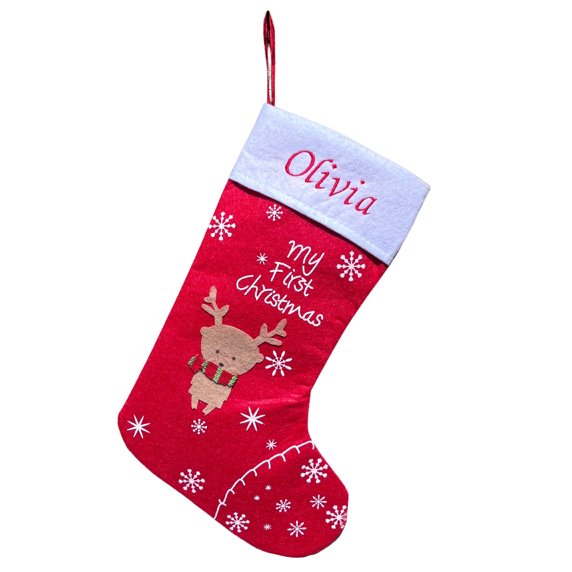 NC Embroideries Babys First Christmas stocking – Reindeer Personalized Baby Gift 2022, Customized Baby’s 1st Name or Initial Embroidered For Boy or Girl, Custom Gifts for Babies or Grandbaby