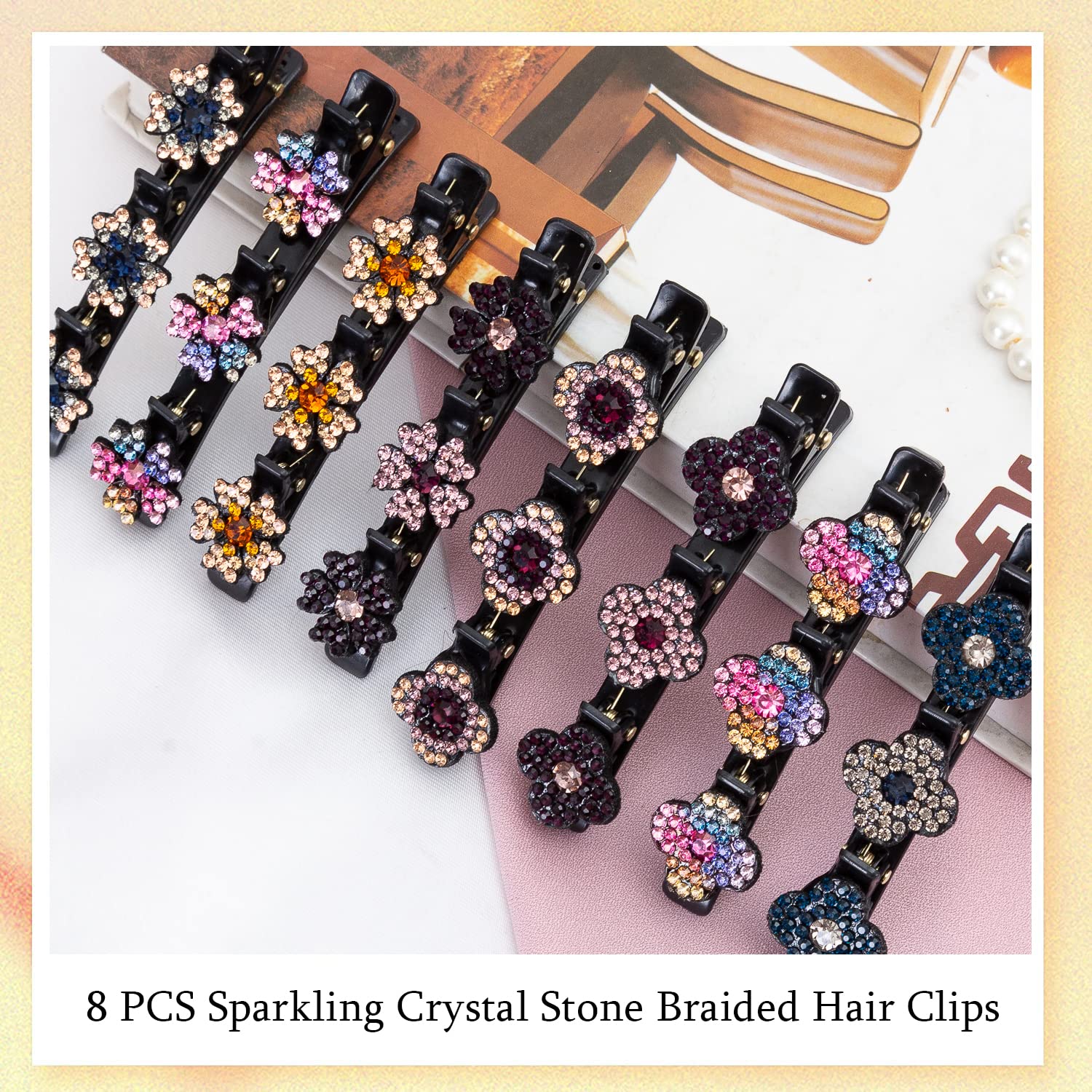 Sparkling Crystal Stone Braided Hair Clover Clips for Thick Thin Hair, Girls / Women Hair Accessories for Styling Sectioning, Large, 8 Pcs