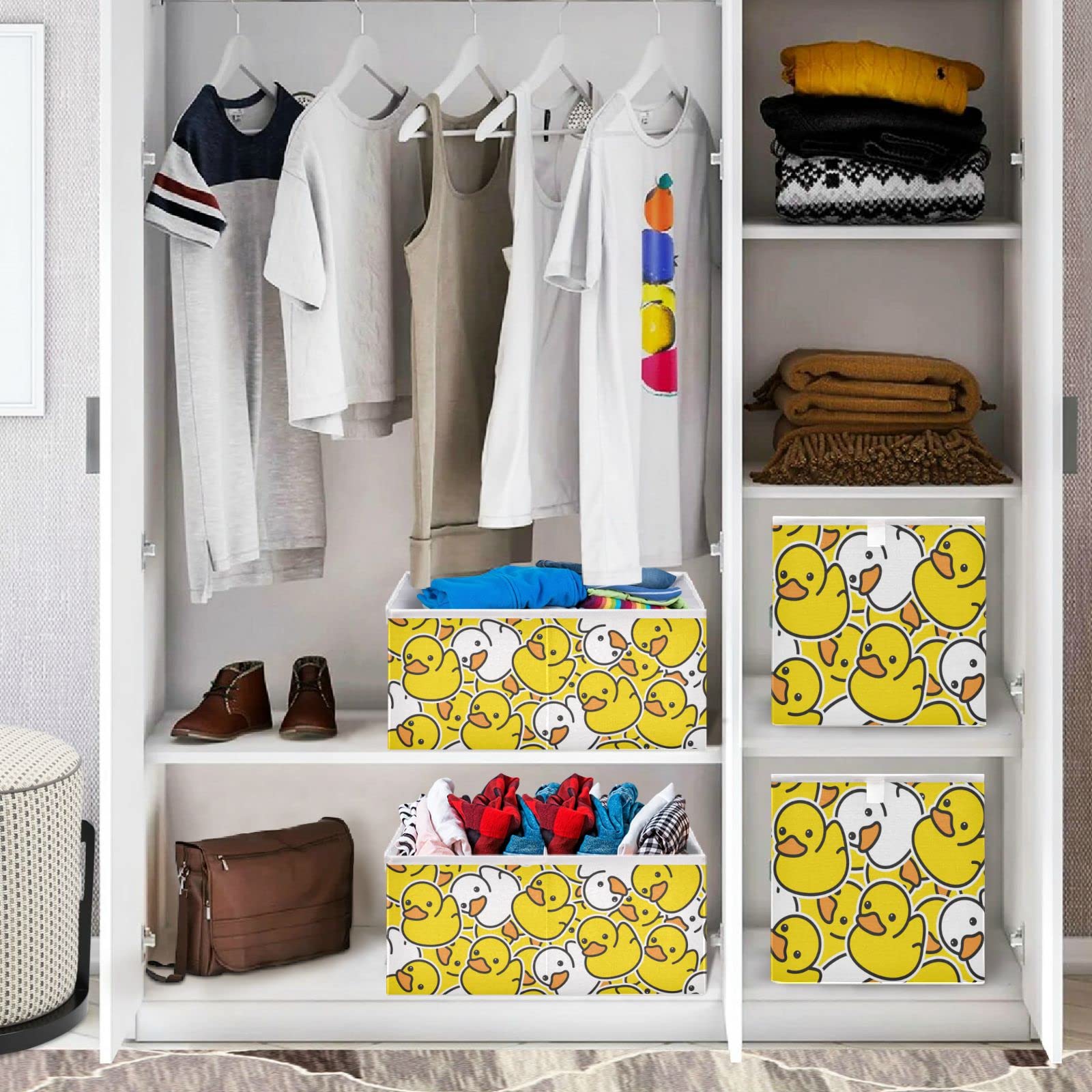 visesunny Square Storage Bins Duck Rubber Ducky Cartoon Storage Baskets Canvas Fabric Storage Boxes Foldable Nursery Basket for Clothes,Books,Toys,Shelves,Gifts