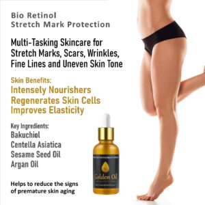 Stretch Mark & Scar Treatment & Protection– Bio Retinol Face & Body Oil for Treating Scars, Stretchmarks & Uneven Skin Tone. Contains Bakuchiol, Essential Vitamins & Nourishing Oils - 1.0 Fl Oz