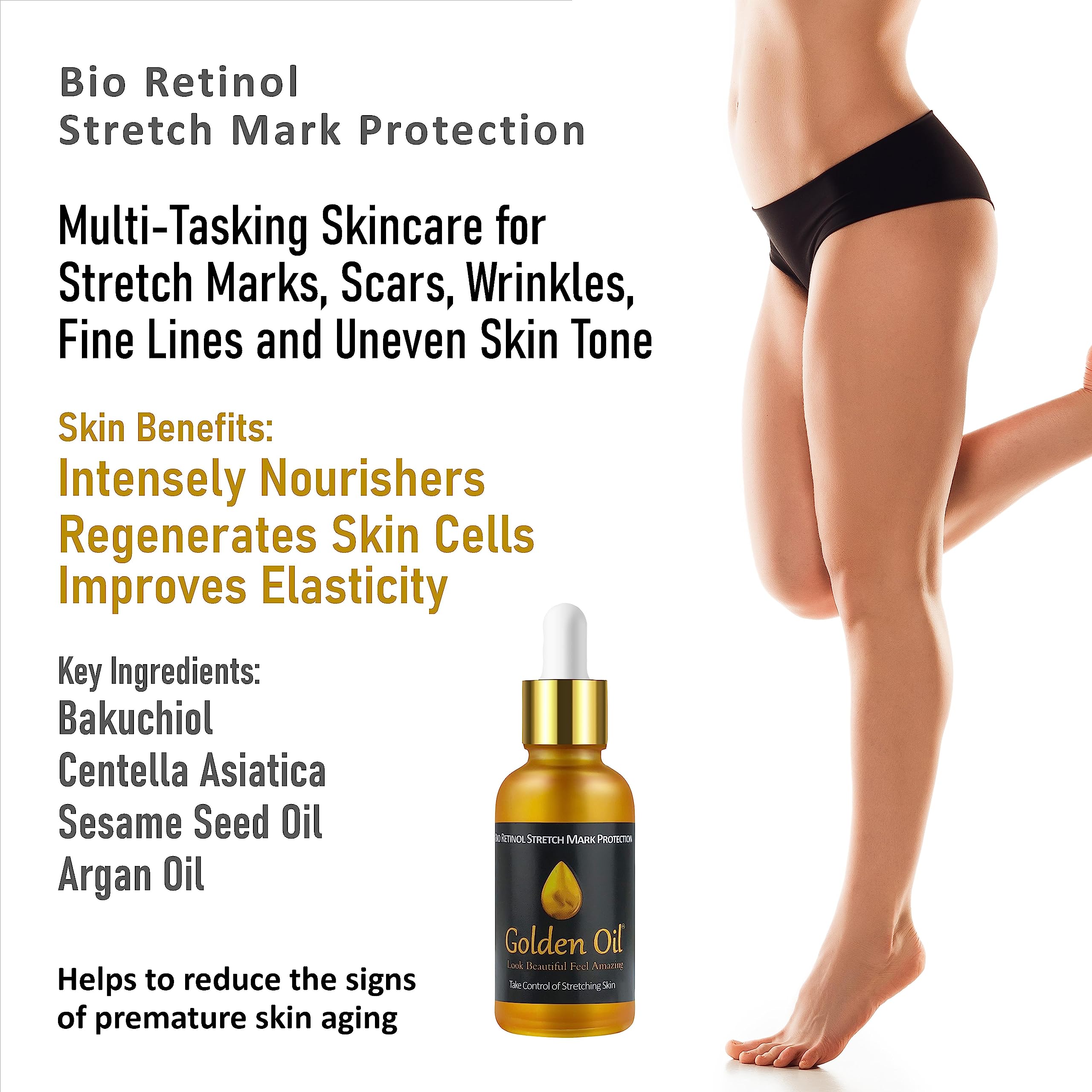 Stretch Mark & Scar Treatment & Protection– Bio Retinol Face & Body Oil for Treating Scars, Stretchmarks & Uneven Skin Tone. Contains Bakuchiol, Essential Vitamins & Nourishing Oils - 1.0 Fl Oz