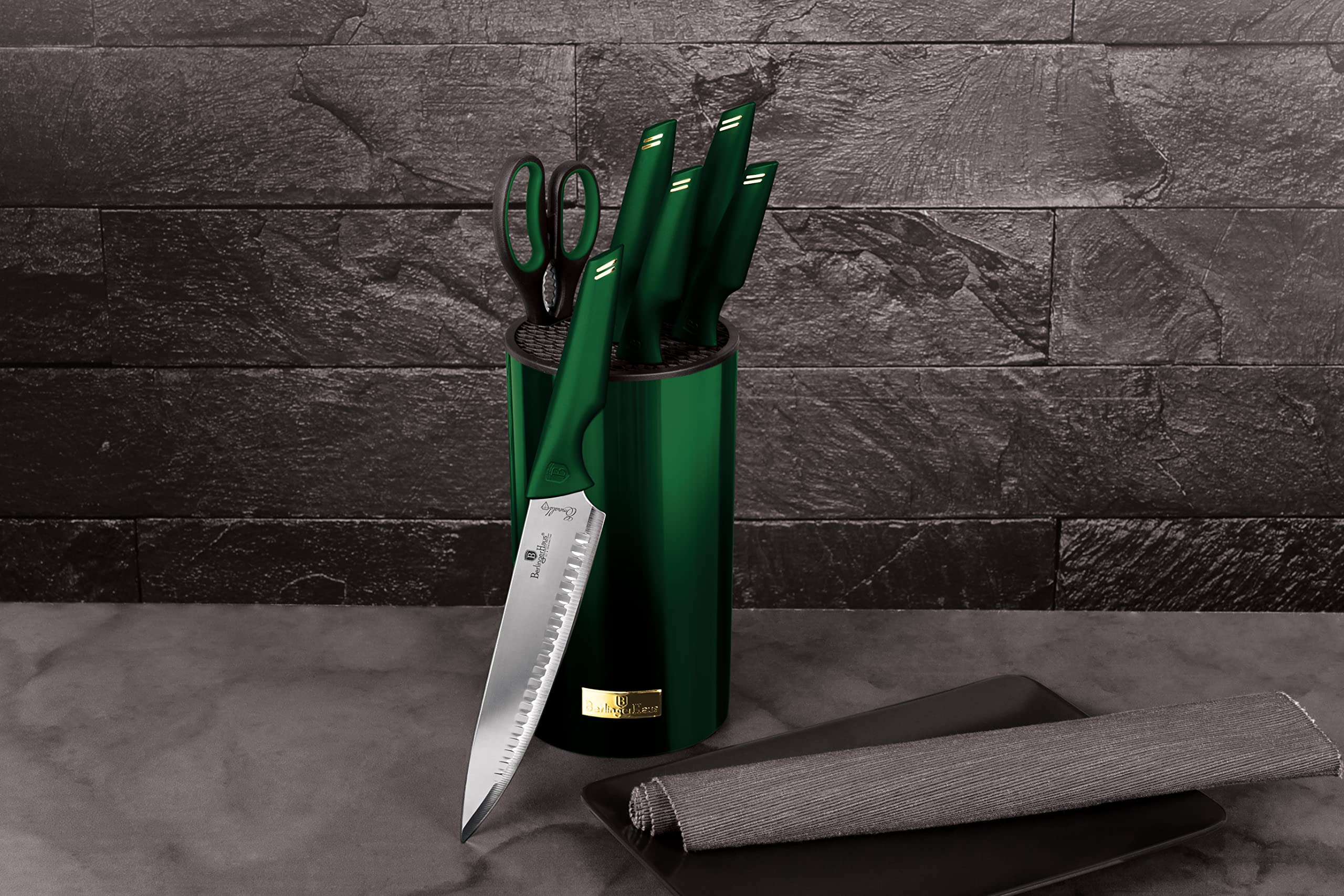 Berlinger Haus Kitchen Knife Set with Block, 7 Piece Knives Set for Kitchen, Modern Cooking Knives with Kitchen Shears, Sharp Cutting Stainless Steel Chef Knife Set with Mobile Stand, Green