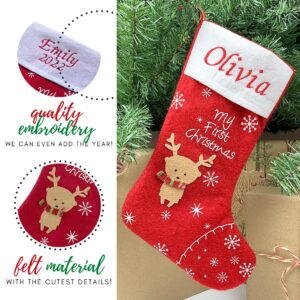 NC Embroideries Babys First Christmas stocking – Reindeer Personalized Baby Gift 2022, Customized Baby’s 1st Name or Initial Embroidered For Boy or Girl, Custom Gifts for Babies or Grandbaby