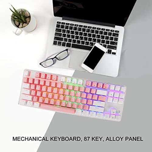 Antiheavy Shadow Wired USB Mechanical Keyboard Gaming Keyboard 87 Keys RGB Backlit Keyboard for PC (Pink White)