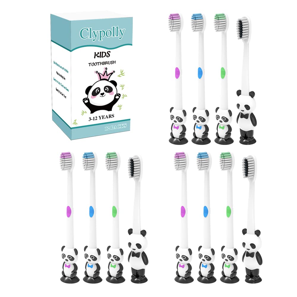 Clypolly Kids Panda Toothbrush,Child Sized Brush Heads, Soft Bristle with Animal Suction Cup Fun & Easy Storage for Toddlers Girls and Boys 3-12 Years Pack of 12