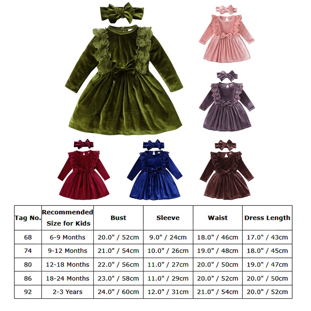 Toddler Baby Girls Velvet Tutu Dress Ruffle Long Sleeve Princess Pageant Christmas Party Dresses + Headband Fall Winter Clothes Infant Birthday Playwear Dresses Outfits Pink + Headband 6-9 Months